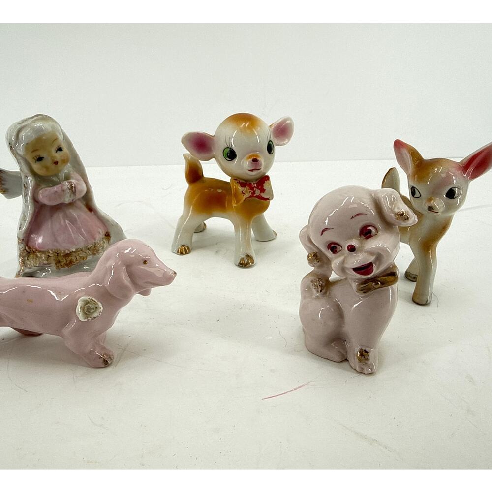 Vintage Japan Ceramic Figurines Lot Deer Poodle Dog Angel Kitsch Mid Century 3"